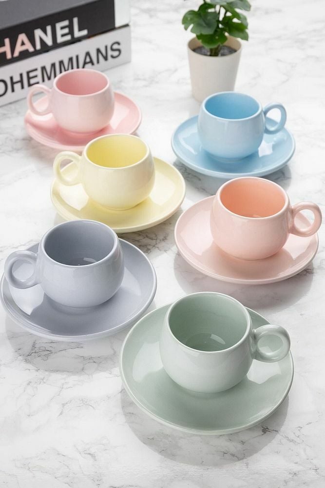 12 Parça Fincan Takımı | 6 Kişilik Fincan Seti | Beyaz Tombul Model pastel - Tek Ebat