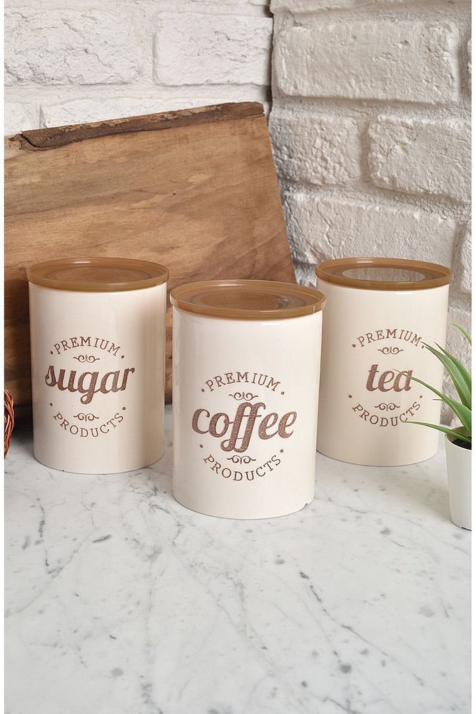 Premium 3'lü Çay Kahve Şeker Saklama Kabı Kavanoz kahverengi - Tek Ebat