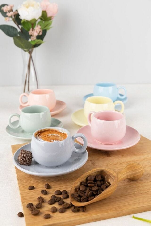 12 Parça Fincan Takımı | 6 Kişilik Fincan Seti | Beyaz Tombul Model pastel - Tek Ebat
